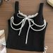 Purely Alluring Hot Girl Lace-trimmed Pearl Chain Bow Strap Camisole With Chest Pads And Beautiful Back Design_ecoleips.com