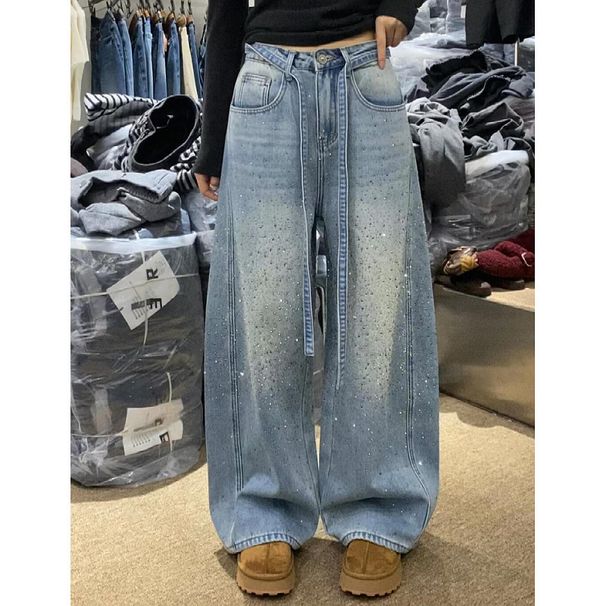 Women's Clothing Plus Size Rhinestone Denim Jeans Loose Slimming Wide Leg Floor Length Pants Retro Design For Women Sexy Autumn Winter_ecoleips.com