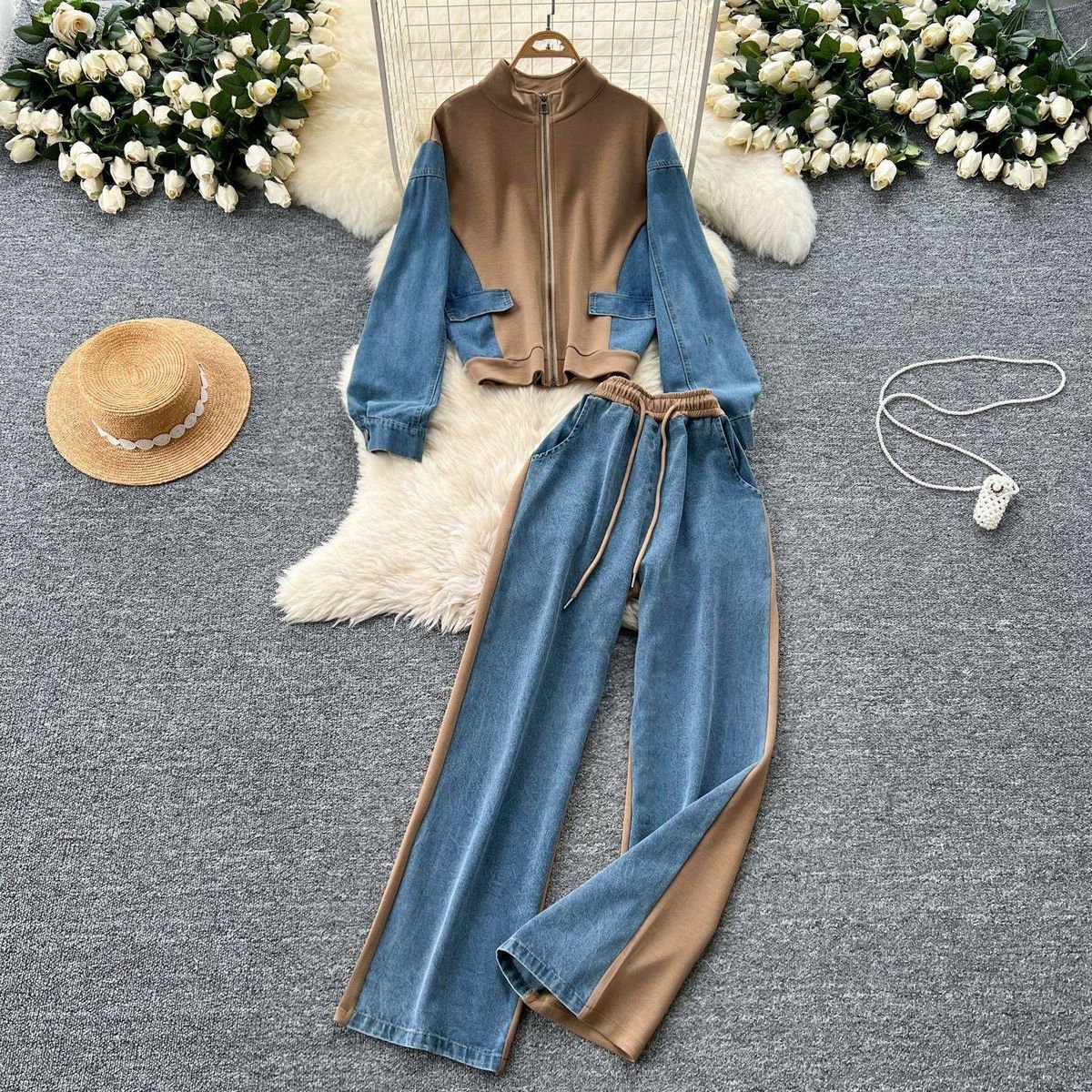 Women's Clothing Fashion Suit For Women Casual Contrast Color Stitching Stand Collar Zipper Two Piece Top High Waist Denim Wide Leg Pants_ecoleips.com