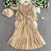 Women's Clothing Heavy Duty Gold Stamped Trumpet Sleeve Dress Bow Waist Pleated Ruffled Long Skirt_ecoleips.com