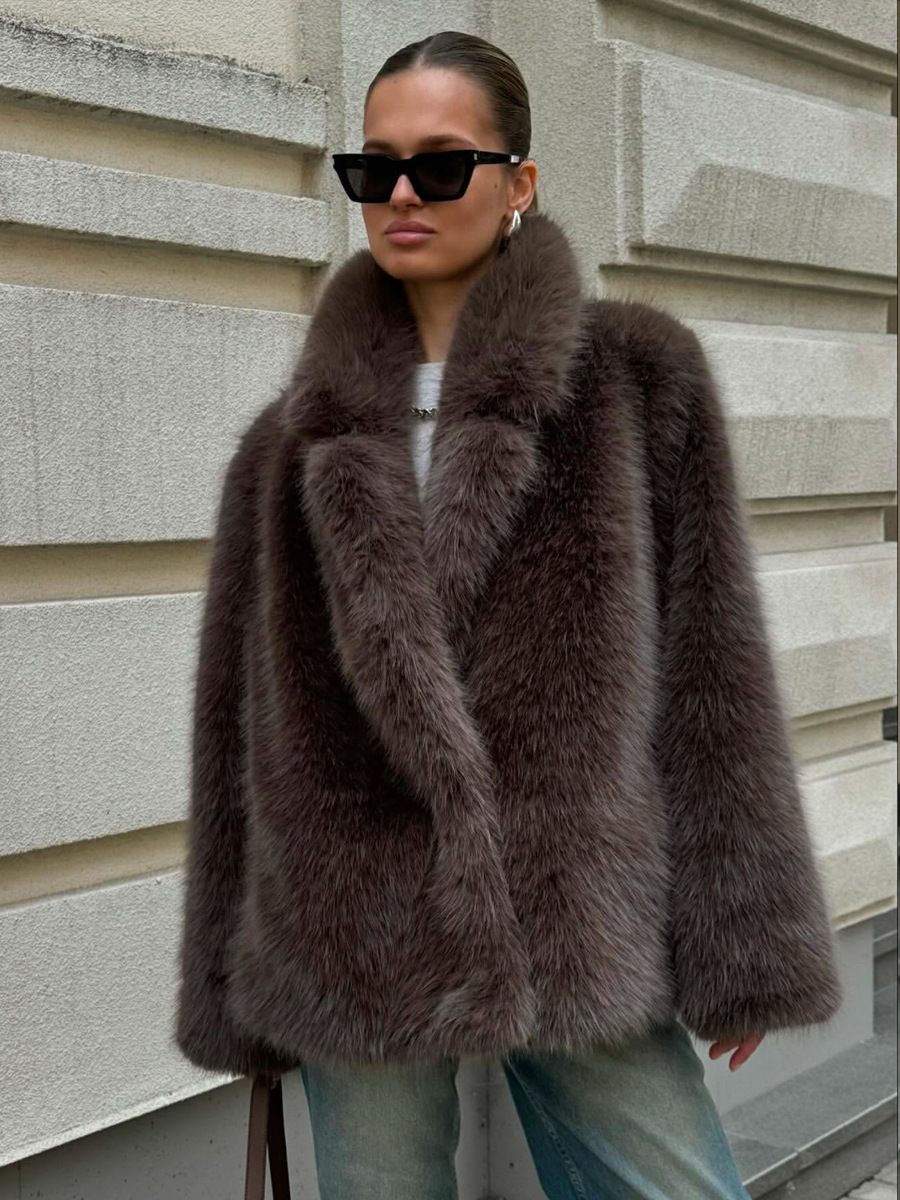 Women's Elegant Faux Fur Coat – Mid-Length Winter Jacket With Notched Collar, Eco-Friendly Plush Outerwear (Dark Brown, White, Beige, Black)_ecoleips.com