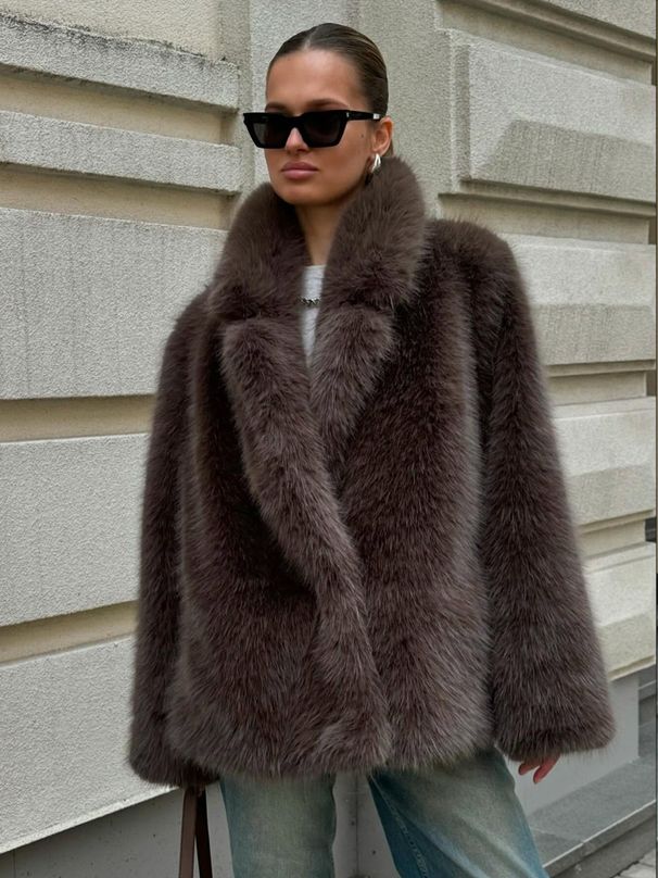 Women's Elegant Faux Fur Coat – Mid-Length Winter Jacket With Notched Collar, Eco-Friendly Plush Outerwear (Dark Brown, White, Beige, Black)_ecoleips.com