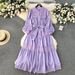 Elegant French-Style Lace Trim Bubble Sleeve Dress With Bow Tie & Peter Pan Collar – Flowy Midi Length For Women_ecoleips.com
