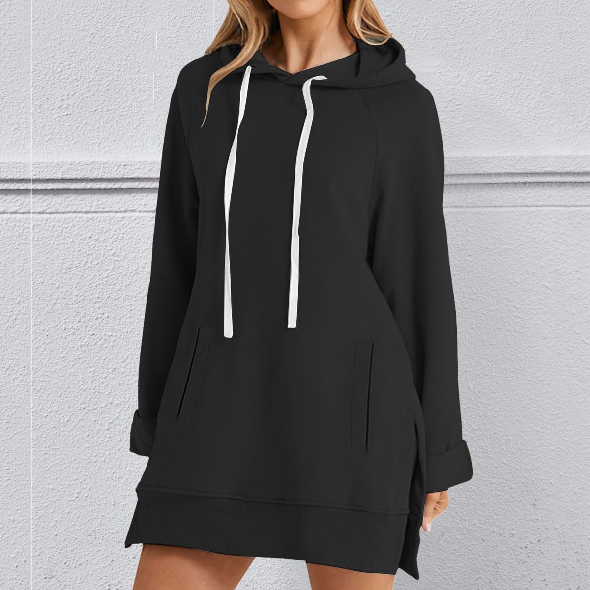 Women's Clothing Solid Color Autumn/Winter Hooded Pocket Slit Fleece Lined Long Women's Sweatshirt_ecoleips.com