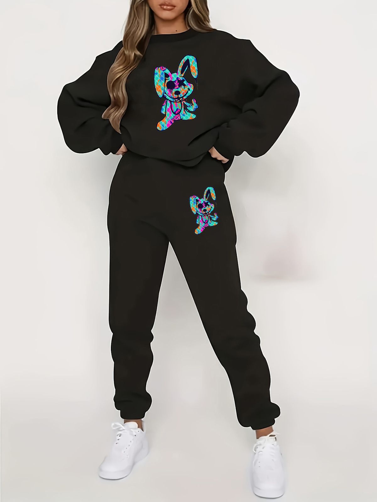 Women's Autumn And Winter Hip-hop Casual Street Cartoon Rabbit Pattern Printed Round Neck Sports Shirt+sports Pants Set-571_ecoleips.com
