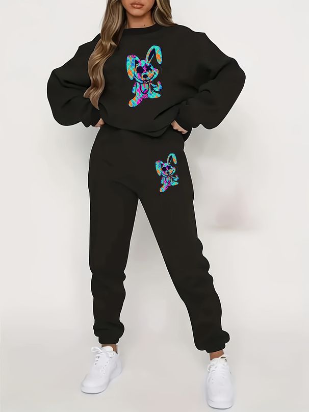 Women's Autumn And Winter Hip-hop Casual Street Cartoon Rabbit Pattern Printed Round Neck Sports Shirt+sports Pants Set-571_ecoleips.com