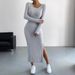 Long Sleeve Crew Neck Split Knitted Long Dress Women_ecoleips.com