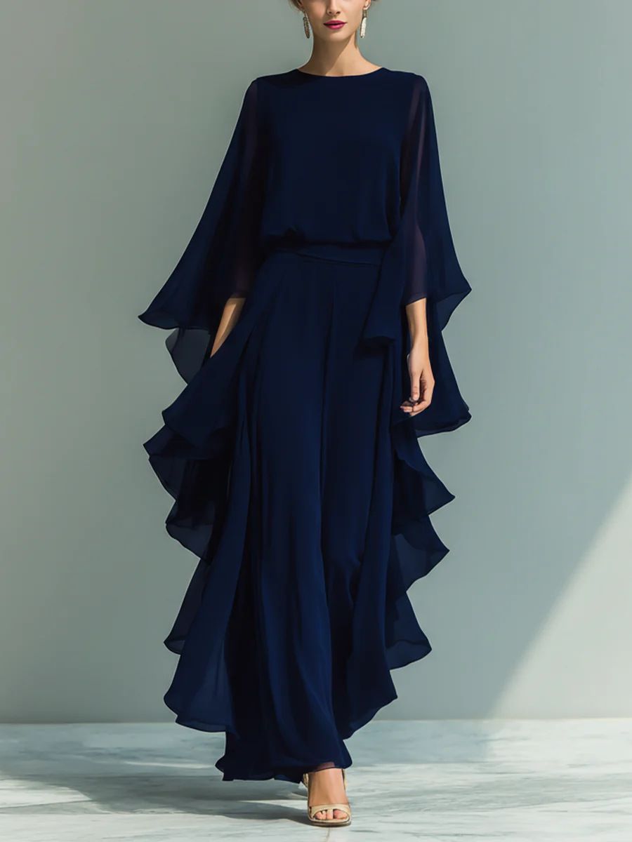 Women's Clothing Navy Blue Chiffon Top With Flared Sleeves Straight Leg Pants Set Ruffles_ecoleips.com