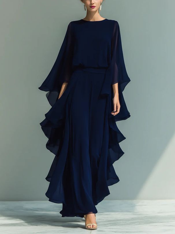 Women's Clothing Navy Blue Chiffon Top With Flared Sleeves Straight Leg Pants Set Ruffles_ecoleips.com