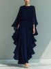 Women's Clothing Navy Blue Chiffon Top With Flared Sleeves Straight Leg Pants Set Ruffles_ecoleips.com