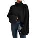 Oversized High-Neck Knit Sweater With Bell Sleeves, Soft Polyester Blend, Loose Fit Casual Pullover For Women, Minimalist Solid Color Tops_ecoleips.com