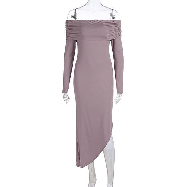 Trendy Elegant Off The Shoulder Long Sleeve Fitted Solid Color Irregular Cut Daily Party Midi Dress For Women New Arrival_ecoleips.com