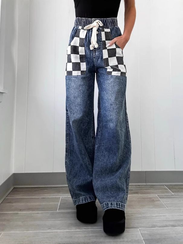 Women's Clothing New Products Fashion Casual Loose Plaid Contrast Color Women's Denim Trousers_ecoleips.com