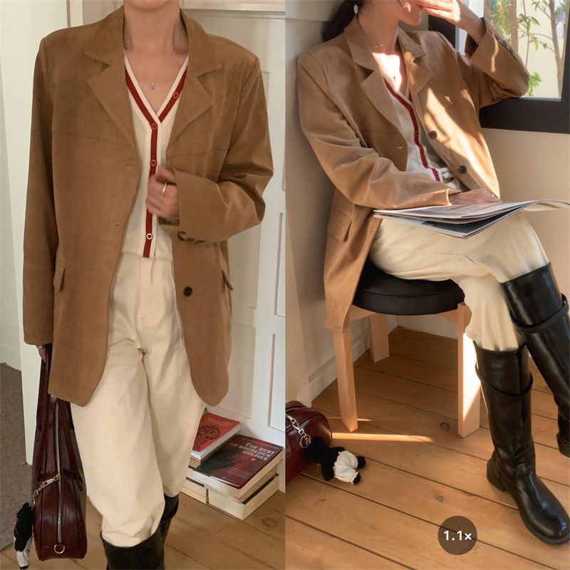 Korean Chic Autumn And Winter Niche French Retro Lapel Suede Casual Versatile Elegant Women's Blazer_ecoleips.com