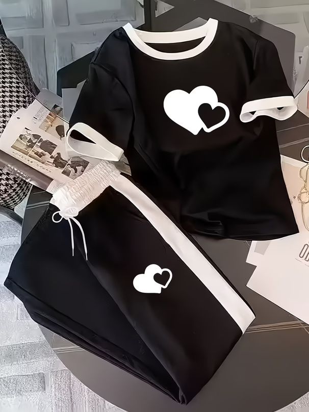 Summer Women's Fashion Set Letter Print Short Sleeve Top And Drawstring Pants Cross Border Style 8002_ecoleips.com