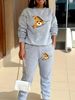 Women's Autumn And Winter Hip-hop Casual Street Fashion Cartoon Bear Pattern Printed Round Neck Sports Shirt+sports Pants Warm Set-665_ecoleips.com