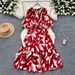 Vintage-Inspired V-Neck Floral Print Dress – Long Sleeve, Belted Waist & Flowy A-Line Silhouette (Multiple Colors, One Size)_ecoleips.com