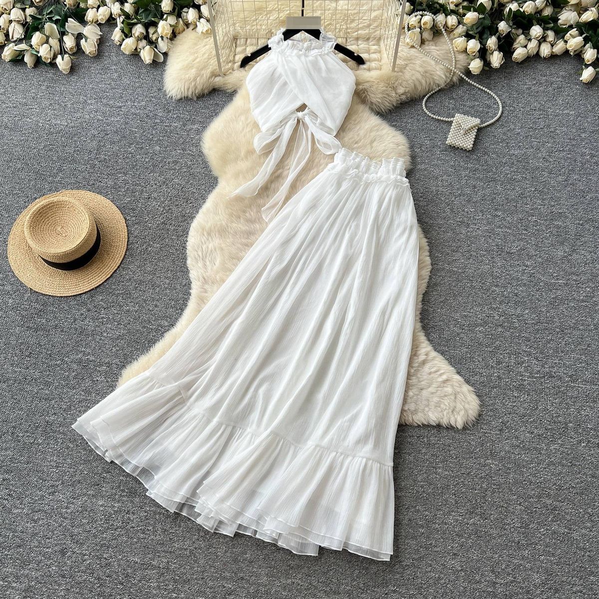 Women's Resort Style Halter Neck Two Piece Set Slimming Elegant Tie Up Vest High Waisted Ruffled Max Skirt Summer Youthful_ecoleips.com