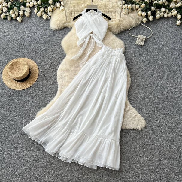 Women's Resort Style Halter Neck Two Piece Set Slimming Elegant Tie Up Vest High Waisted Ruffled Max Skirt Summer Youthful_ecoleips.com