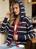 Navy White Stripe Heart Pit Rib Knit Hooded Cardigan, Loose Lightweight Breathable Soft Skin-touch Long Sleeve Drawstring Button Knit Jacket_ecoleips.com