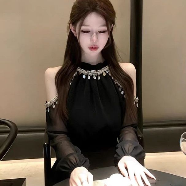 Unique, Beautiful, Extremely Attractive, High-end Black Off-shoulder Shirt For Women, 2026 Spring, Light Luxury,_ecoleips.com