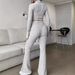 Fashion Solid Color Ribbed Two-Piece Zipper Long Sleeve Short Top And High Waist Flared Pants Set Women's Casual_ecoleips.com