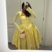 Women's Clothing Summer New Style Temperament Square Neck Tie Long Sleeve Yellow Medium Length Dress_ecoleips.com