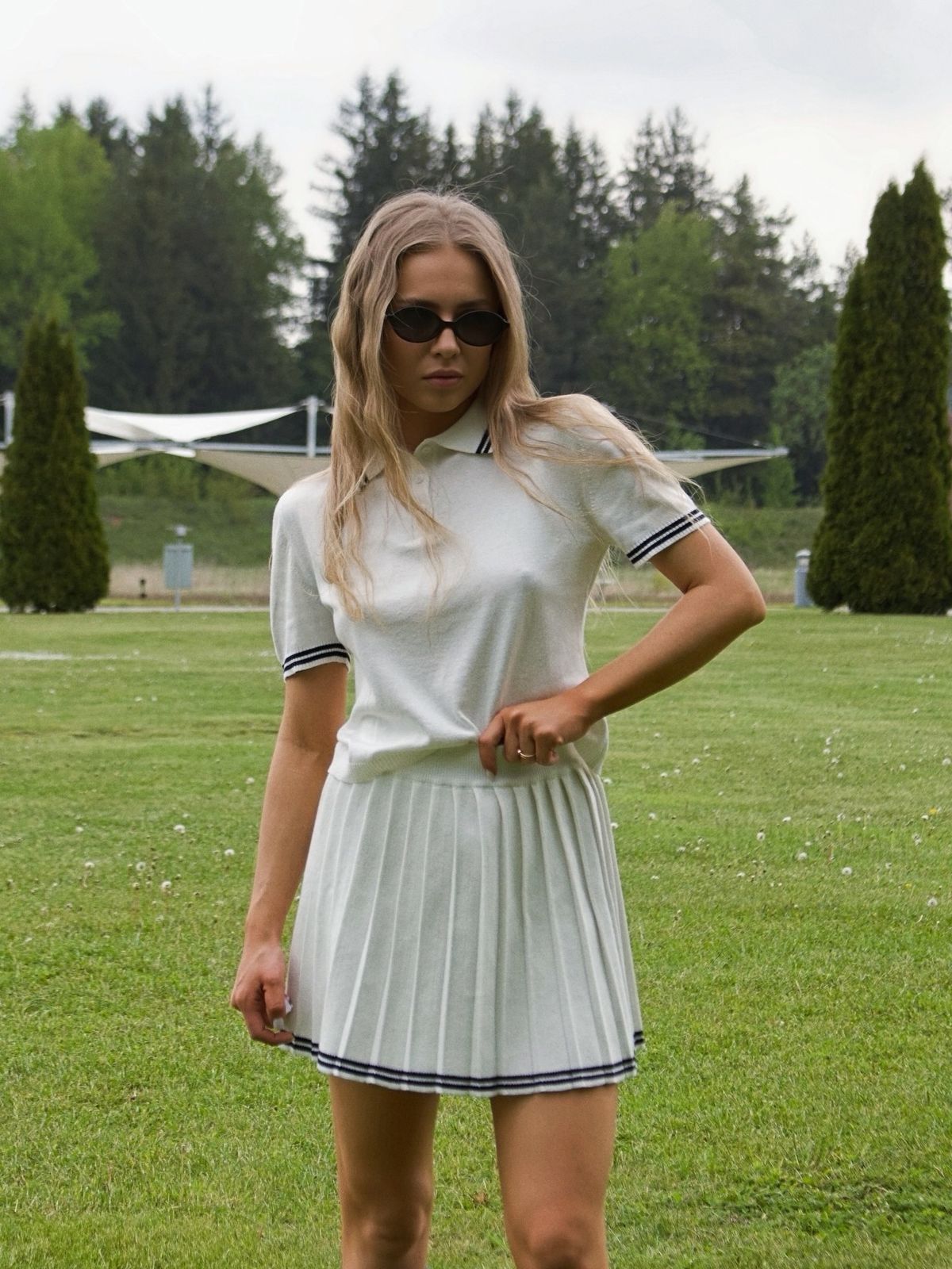 Women's Clothing American Style POLO Shirt Set Summer Knitted Top With Pleated Skirt Short Sleeve Collared Clothing_ecoleips.com