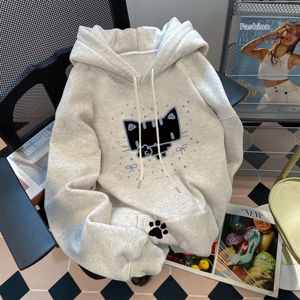Korean Style Hooded Sweatshirt for Women Casual Sports Fleece Lined Thickened Loose Top Printed Autumn Winter Style_ecoleips.com