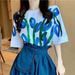 2025 New Oil Painting Blue Short Sleeve T-shirt Women Korean Style Irregular A-line Puffy Half Skirt Set_ecoleips.com