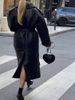 Women’s Black Long Faux Fur Leather Trench Coat – Belted Oversized Streetwear Jacket For EU/US (S-L, Edgy & Elegant)_ecoleips.com
