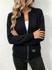 Solid Black Zip Up Crew Neck Pit Rib Knit Cardigan, Loose Lightweight Breathable Soft Skin-touch Long Sleeve Pocket Jacket_ecoleips.com