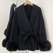 Women's French-Inspired Double-Faced Wool Coat With Belted Waist & Faux Fur Sleeves – Short Length, Relaxed Fit, Elegant & Chic_ecoleips.com
