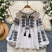 Women's Bohemian Style Long Sleeved Shirt Heavy Duty Embroidered Loose Fitting Tie Waist Lantern Sleeve Top For Commuting_ecoleips.com