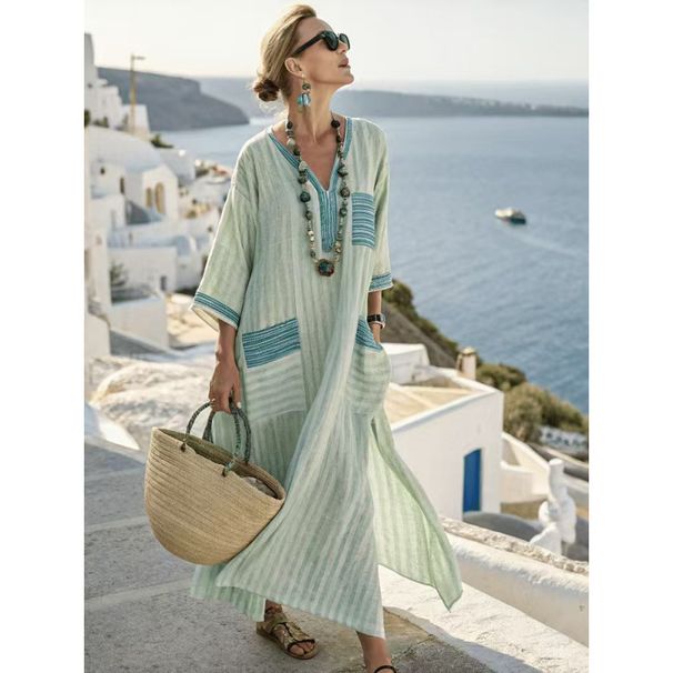 Women's Long Striped Embroidered Dress American Style Loose Cover Up Beach Robe New Summer Fashion For Ladies_ecoleips.com