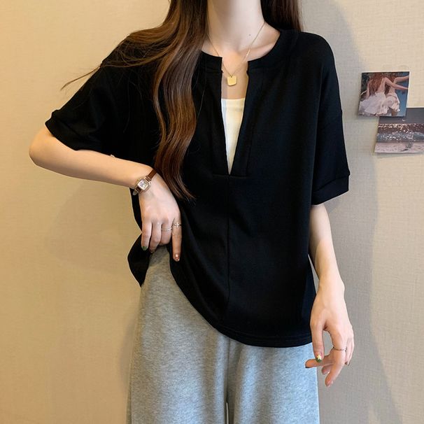 Summer Large Size Korean Version Versatile Shoulder V-Neck Short Sleeve T-Shirt Women's Fat Skinny Belly Covering Unique Top Women's T-Shirt_ecoleips.com