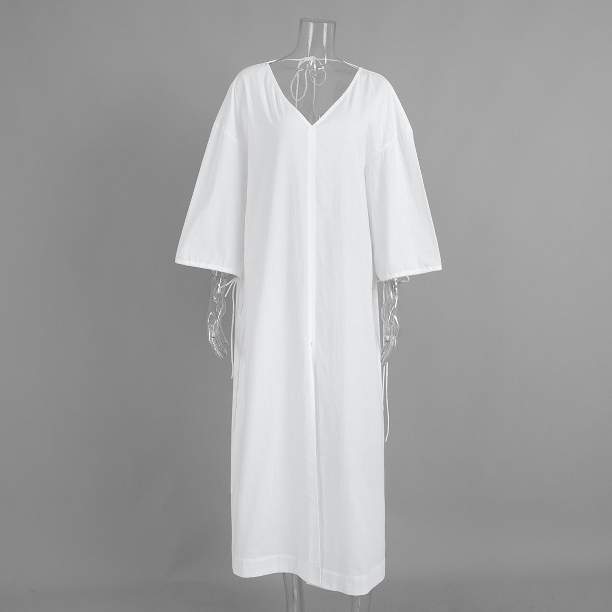 Spring/Summer Cross Border Pure Cotton Dress V Neck Slit Loose Fit Tie Waist European American Style Casual Elegant Fashion_ecoleips.com