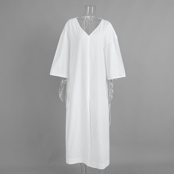 Spring/Summer Cross Border Pure Cotton Dress V Neck Slit Loose Fit Tie Waist European American Style Casual Elegant Fashion_ecoleips.com