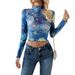 Women's Blue Printed Stand Collar Starry Sky Mesh Short T-Shirt Top Autumn New_ecoleips.com