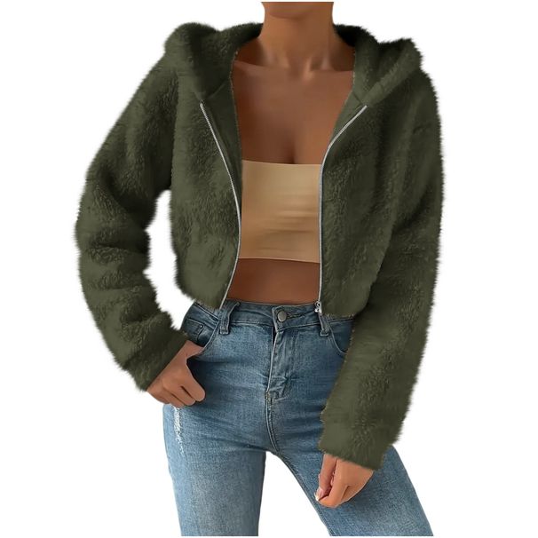 European And American Style Women's Coat, Fashionable And Casual Autumn And Winter Thick Plush Top, Women's Short Long Sleeved Hooded Fleece Jacket_ecoleips.com