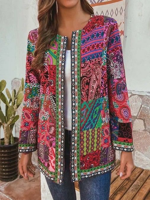 Women's Clothing Cotton And Linen Printed Loose Long Sleeved Jacket Cardigan_ecoleips.com