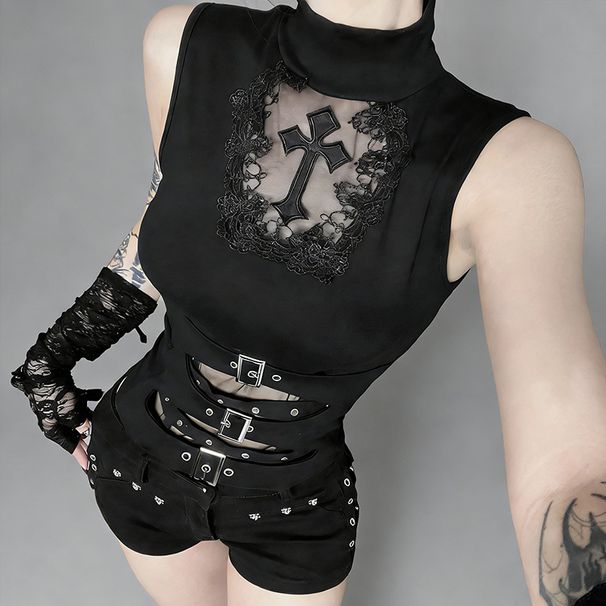 Women's Sleeveless Top XS26023 Basic Versatile New Spring Style Subculture Gothic Hollow out Cross Design for Ladies_ecoleips.com