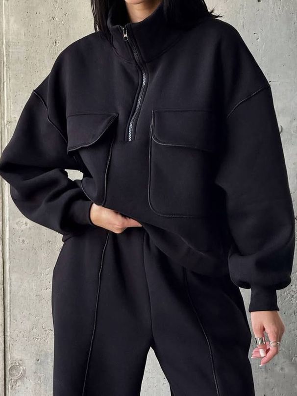 Autumn And Winter Casual Suit Women's Fashion Street Style Sweater Sports Suit Half Open Pocket Jumper Trousers Women_ecoleips.com