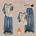 OLO Collar Print Half-Zip Top & Drawstring Fleece Jeans Set – Retro Casual Outfit (Blue/Pink Options)_ecoleips.com