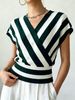 Women Soft Skin-Friendly Breathable Striped Knit Top Wrap V Neck Cap Sleeve Loose Waist Cinch Cropped Knit Blouse_ecoleips.com