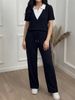 Women's Color Blocked Polo Neck Two-Piece Set Casual Simple Elastic Waist Loose Pants With Short Sleeve T-Shirt_ecoleips.com