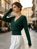 Women Cross Wrap V Neck Ribbed Knit Top Loose Long Sleeve Lightweight Breathable Skin-friendly Crop Sweater_ecoleips.com