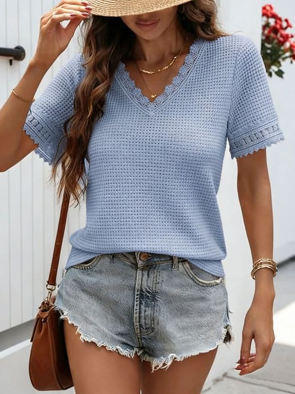 2026 Cross-Border Spring/Summer Women's V-Neck Casual Waffle Lace Trim Short Sleeve Top T-Shirt_ecoleips.com
