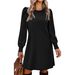 Women's Round Neck Puff Sleeve Mid Length Dress Brushed Ribbed Solid Color Autumn Winter_ecoleips.com