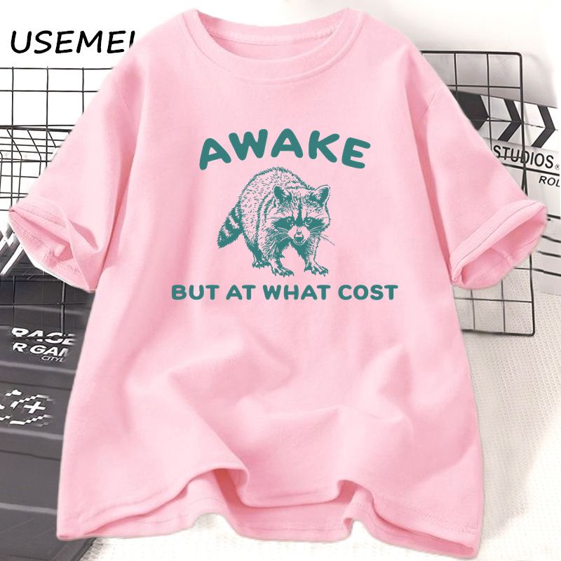 Awake But At What Cost T-Shirt Women Men Retro Funny Raccoon T Shirt Vintage Trash Panda Tshirt Funny Cotton Short Sleeve Tees_ecoleips.com